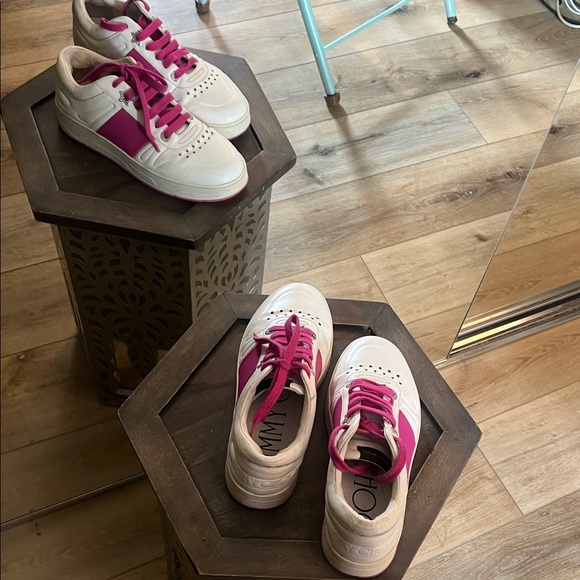 🛑 1 hour sale. Jimmy Choo, size 38 EU Hawaii Leather Strip Pink/ White Athletic - Picture 12 of 16